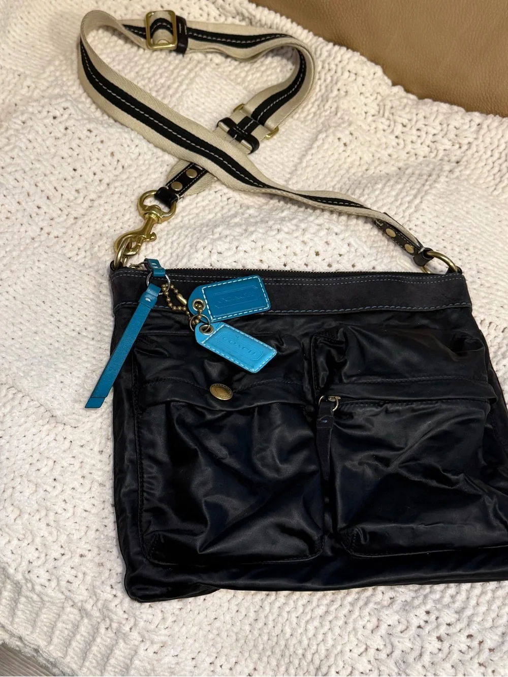 Coach Black Crossbody Bag with Blue Accent Tags